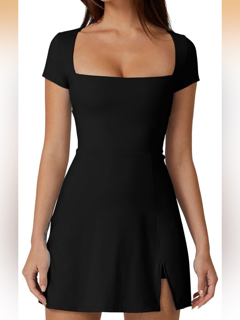 Classic Black athletic material Square-Neck Mini Dress with shorts and NWOT